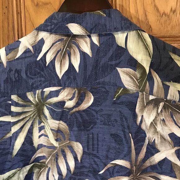 Vtg. Batik Bay 100% Silk Hawaiian Shirt Men's M  Blue Tan SS Top Loop Button Up - Picture 8 of 11